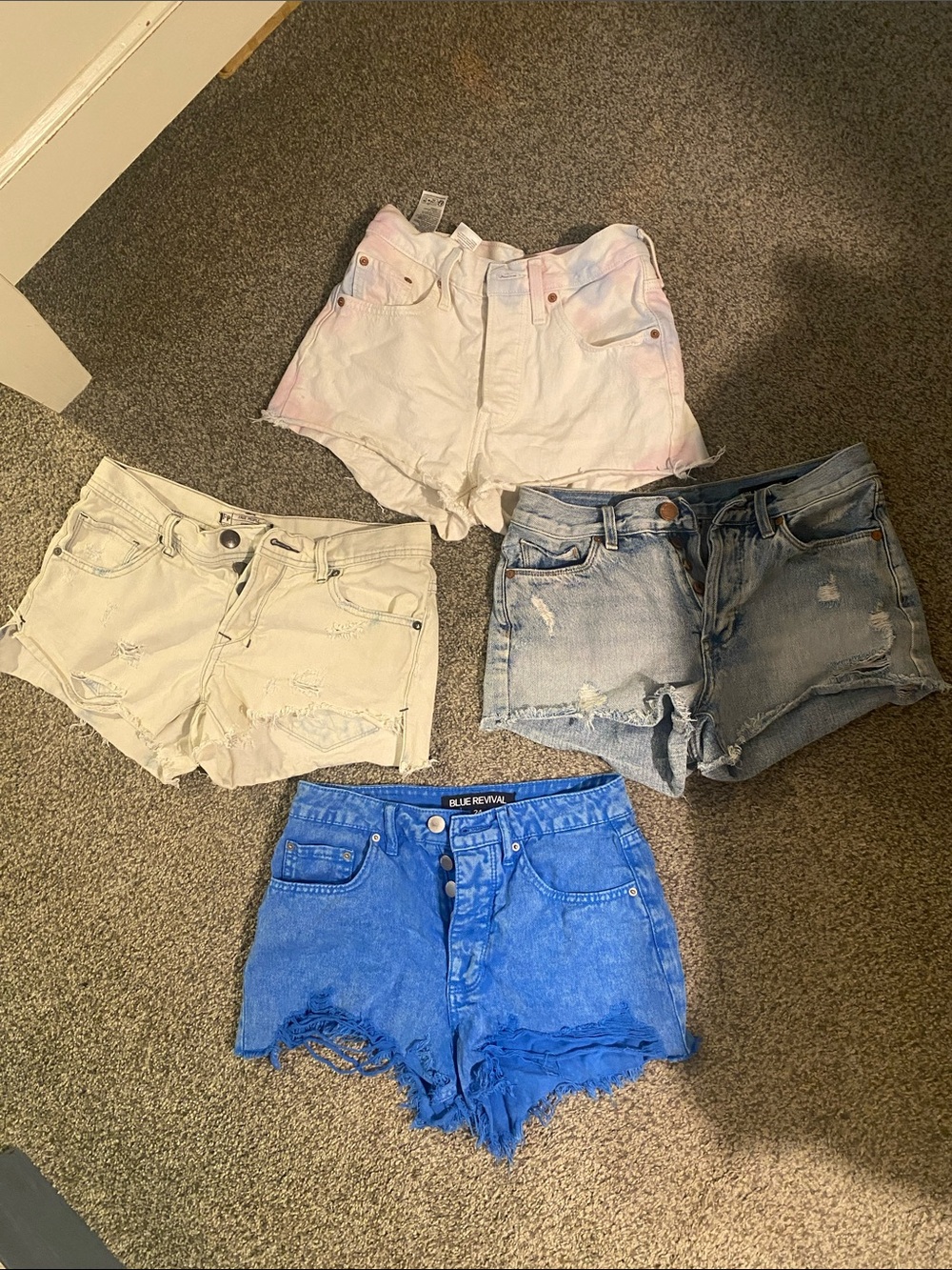 High-Rise Distressed Denim Shorts - Blue